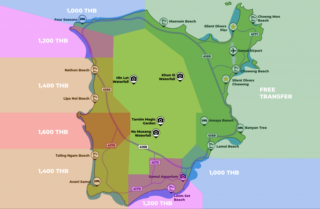 Map of Koh Samui with colorful zones and price labels in THB. Landmarks like waterfalls, gardens, aquariums, and beaches are marked. Roads are labeled with numbers, and a "free transfer" notice is shown on the eastern side.