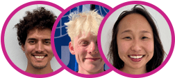 Three people are smiling at the camera, each framed in a pink-outlined circle. The background is white with blue elements behind the middle person.