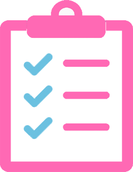 A pink clipboard icon with three blue check marks and three pink lines, representing a completed checklist or to-do list.
