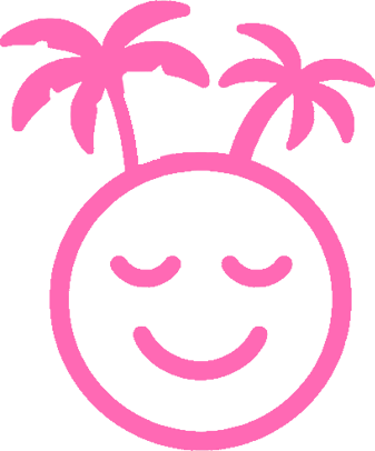 A pink outline of a smiling face with closed eyes, featuring two palm trees sprouting from the top of its head.